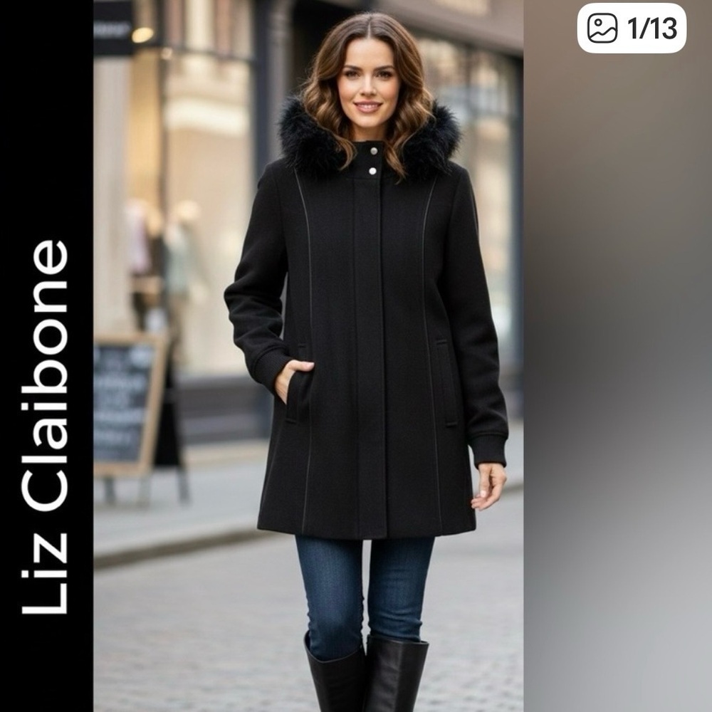 Liz Claiborne Black Wool Blend Coat Faux Fur Detachable Hood Lined Jacket SZ XL